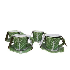 Threshold Set of 4 Cabbage Leaf Tea Cup & Saucer Set Stoneware NWT
